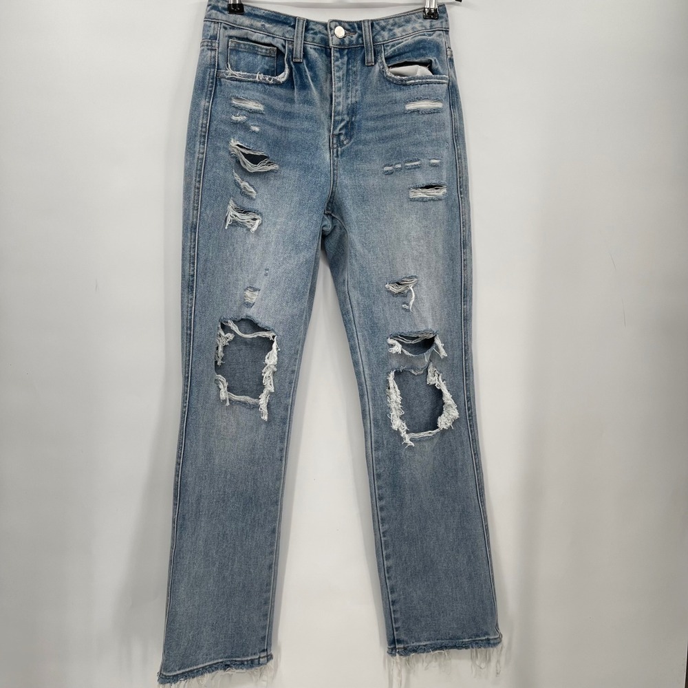Flying Monkey Womens Light Wash Distressed‎ Ripped Straight Leg Jeans